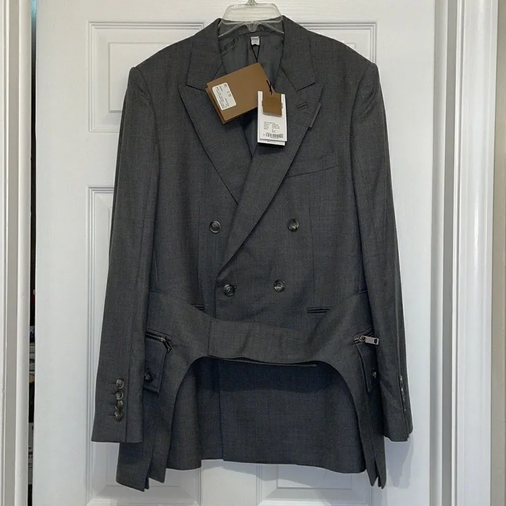 Burberry Charcoal Grey English Fit Wool Tailored Jacket With Cargo Belt Detail